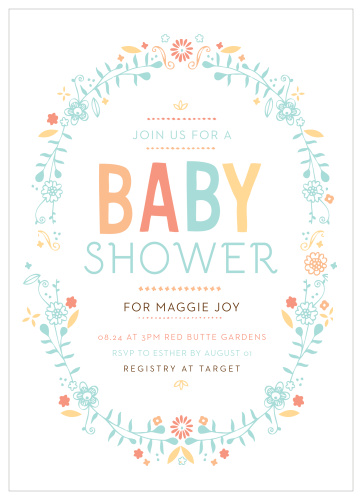 An oval of colorful flowers surround the Baby Wreath Baby Shower Invitations.