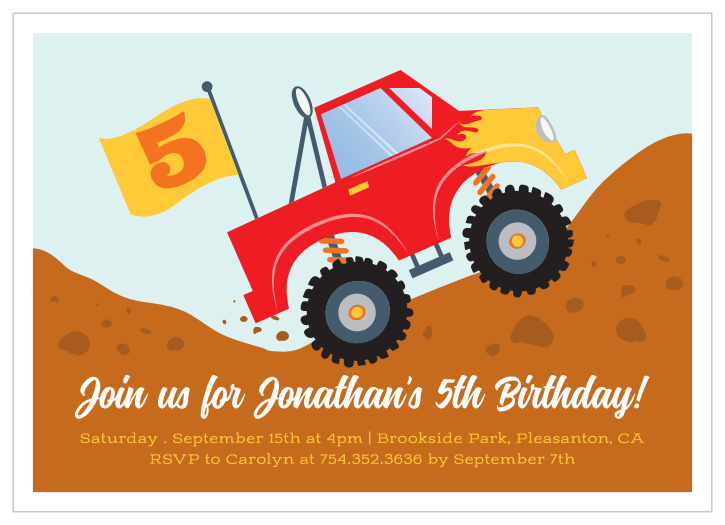 Our Monster Truckin' Children's Birthday Party Invitations feature a bright red monster truck that is decked out with flames and a flag stating your child's age!