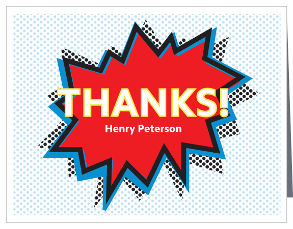 Turn your thanks into a superpowered message of appreciation with our Superhero Party Children's Birthday Party Thank You Cards. The jagged lines and deep red of a comic-book action blurb make your words truly pop in a lovely mix of white and yellow, while plenty of space is reserved inside for your personalized message.