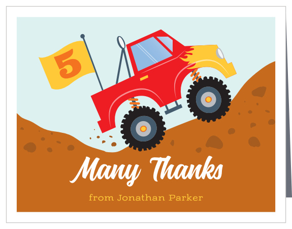 Our Monster Truckin' Children's Birthday Party Thank You Cards feature a bright red monster truck that is decked out with flames and a flag stating your child's age!