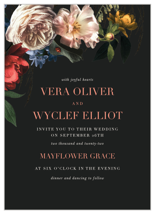 The Dark Dutch Florals Wedding Invitations feature a simple design with beautiful features.