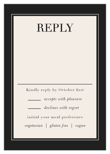 The Dark Dutch Florals Response Card features a simple and sleek cream and black design with sophisticated typography.