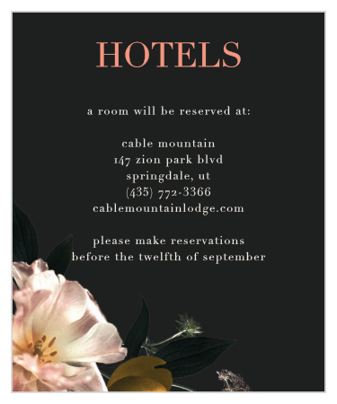 Let your guests know where they will be able to stay when they attend your wedding with the Dark Dutch Florals Accommodation Cards!