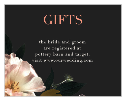 The Dark Dutch Florals Registry Cards feature white and pink text over a simple, dark background.