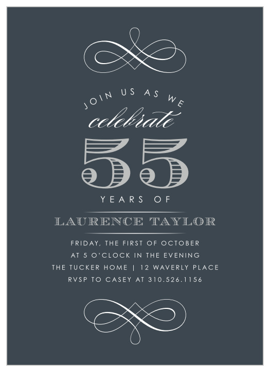 Our Vintage Year Milestone Birthday Party Invitations are a classic, elegant design for your biggest birthday so far. Swirling designs and bold, carefully lettered words spell out every single detail of your celebration, beautiful white text set against a deep-gray background. With a flash of silver-foil to augment the rest of your words, these invitations are a perfect addition to your party preparations.