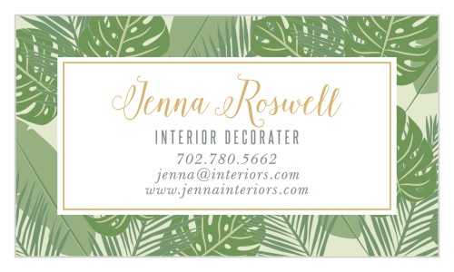 Our Palm Pattern Business Cards feature a lush green foliage topped by a bordered white backdrop business details.