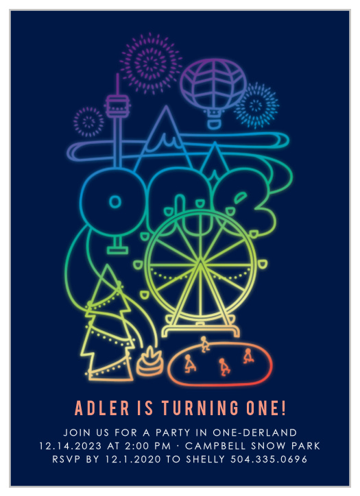 Our Onederland Carnival Children's Birthday Party Invitations guarantee that the fun of your child's birthday party is a ride they never want to get off. A full spectrum of color creates theme park illustrations against the deep-blue background, their gradient guiding your guests' eyes steadily down to the details they need. With an easy-to-read print for each word, you can be sure that your little one's big day is unforgettable.