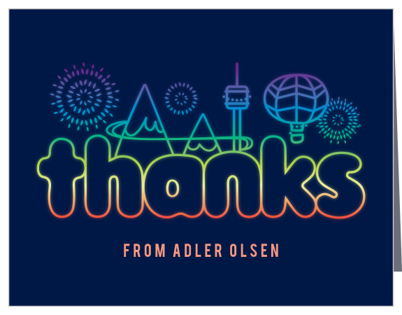 Our Onederland Carnival Children's Birthday Party Thank You Cards share your appreciation in a design as bubbly as you feel. Retro colors decorate the page in a full spectrum, creating thin illustrations of amusement park rides above your words. With an easy-to-read print to spell out your name and plenty of space inside for anything else you might want to say, these cards a lovely way to hop off the ride- until next year's, that is.