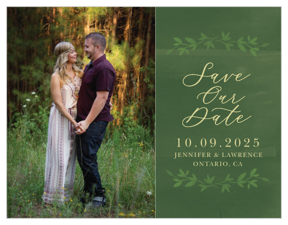 Our Forest Fairytale Save-the-Date Magnets are a perfect first glimpse at the purpose of your wedding itself: two separate halves, brought together to complement and complete each other. The lefthand side is adorned with your own favorite engagement photo while the right is filled with every piece of information that your guests need to enjoy the day with you. Spell out each detail of your day in a rich and woodsy combination of pale-gold and green, guaranteeing that your guests mark their calendars well in advance- and that they're counting down the days until your unforgettable union.