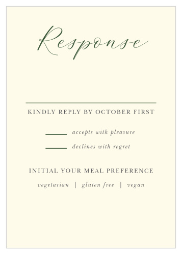 Properly prepare for every single guest with the lovely style and endless usefulness of our Forest Fairytale Response Cards. Gather the details you need about who is attending, their meal preferences, and whether they plan to bring any additional guests with them, then rest assured that your wedding day will go off without a hitch.