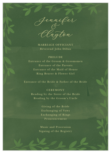 Soft and subtle calligraphy tops every single one of your Forest Fairytale Wedding Programs, its pale gold a lovely complement to the woodsy greens behind. Each moment of your wedding ceremony is spelled out in a modern, clean print for guaranteed legibility, ensuring that your friends and family can follow along as you take each step down the aisle. With half-frames of light-green leaves to circle the borders of each program, these stunning pages are a perfect addition to your wedding preparations.