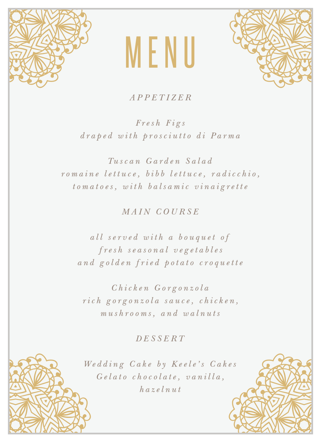 Golden Lace Wedding Menus by Basic Invite