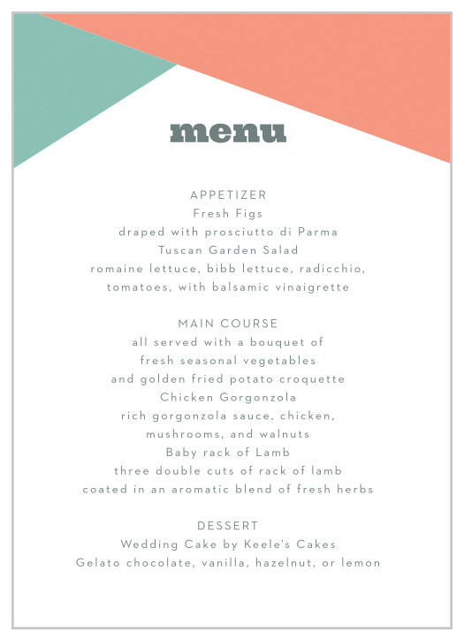 Describe your wedding's meal options in mouth-watering detail with our Modern Minimalist Wedding Menus.