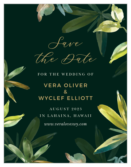 Intricate gold-foil swirls across each of your Hawaii Palm Leaves Save the Date Magnets, shining brightly to catch your guests' attention. With each of your wedding day details alternating between that brilliant gold and a soft cream, and ultimately cradled by palm leaves in the style of an oil painting, you can be sure that your guests have the information they need in the style you've always wanted.