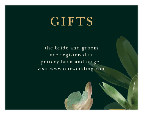 Help your guests find the items you need and want to start the next chapter of your life with the stunning style of our Hawaii Palm Leaves Registry Cards. Dew-crested palm fronds grow from the bottom of the card, stretching upward to the cream text that carries your details. With a shining title formed from bright gold-foil, you can be sure that these cards catch and hold your guests' attention.