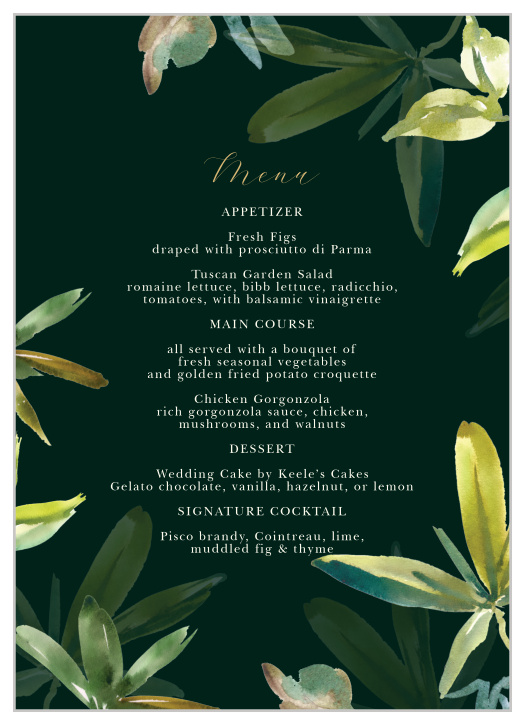 Detail every mouthwatering meal option for your guests with the unforgettable design of our Hawaii Palm Leaves Wedding Menus. Cream print flows across the page, spelling out every tantalizing morsel while surrounded by botanical illustrations in an oil-paint style. 