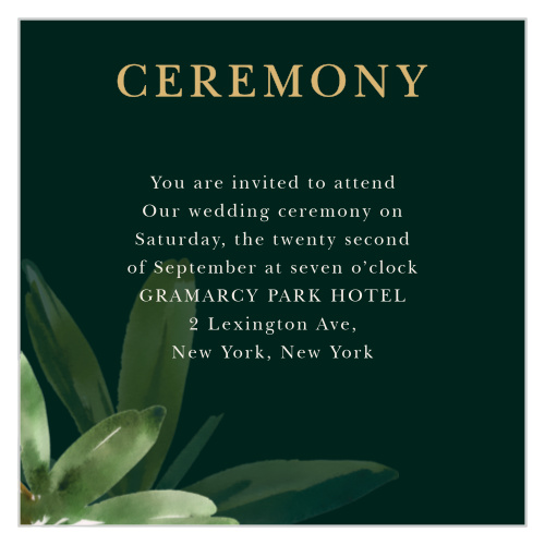 Gather together your dearest friends and family for an intimate dinner party using our Hawaii Palm Leaves Rehearsal Cards. Elegant gold-foil tops the page, providing a shining eye-catcher to draw your guests in before you lead them through the details with a simple cream print. With dew-frosted palm leaves stretching out from the bottom-right corner in the style of an oil painting, these cards are a stunning, and endlessly useful, addition to your wedding enclosure.