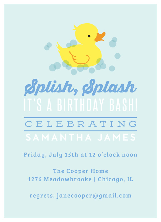 Make your little one's big party a lovely splash in the pond with our Rubber Duckie Children's Birthday Party Invitations. Your text alternates between playful calligraphy and neat type, in cornflower blue and white, to stand out brightly against the baby-blue background. With a single splashing duck swimming above your text as an adorable reminder of your own little duckling, these cards are a perfect way to invite your little one's nearest and dearest.