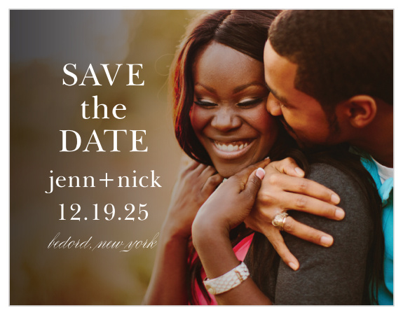 Show off your favorite engagement photo with loved ones as the background of our Sheer Overlay Save-the-Date Magnets! 