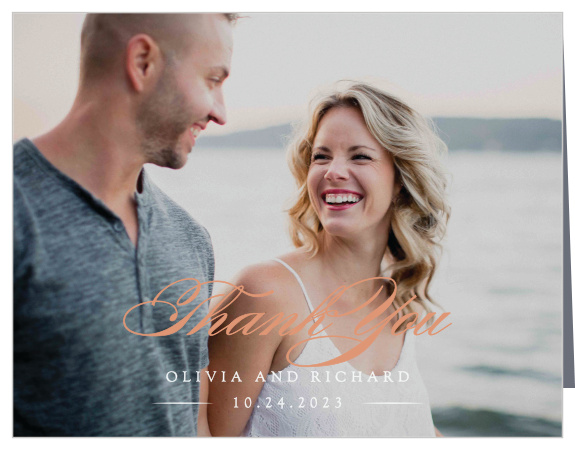 Our Formal Lines Wedding Thank You Cards utilize your own favorite photograph for a stunning backdrop.
