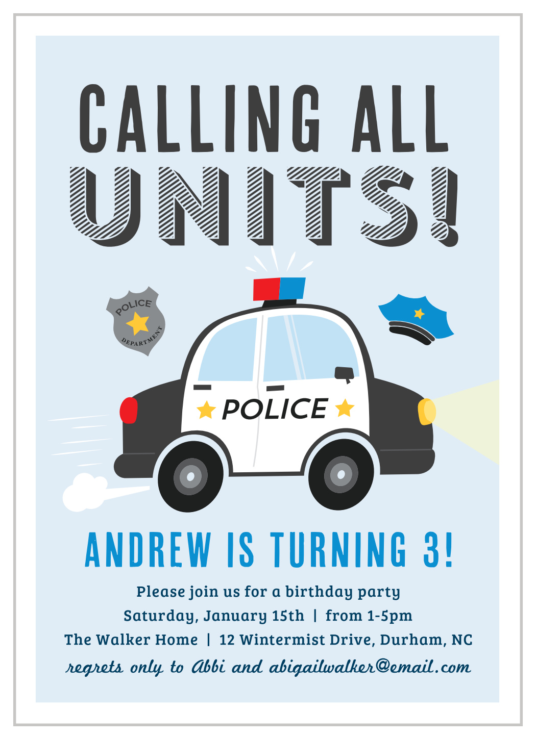 Little Police Car Children's Birthday Invitations