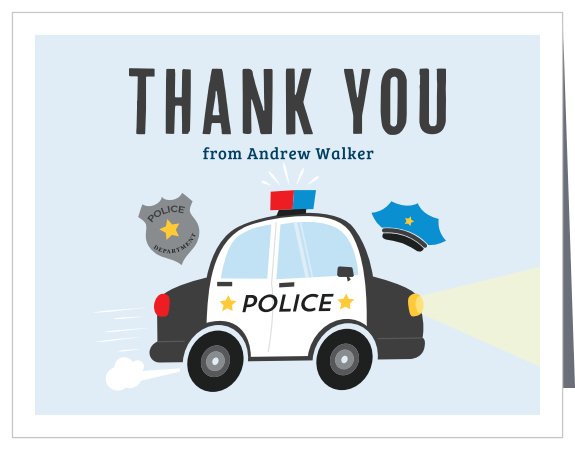 Share your gratitude in a flashy way with our Little Police Car Children's Birthday Party Thank You Cards!