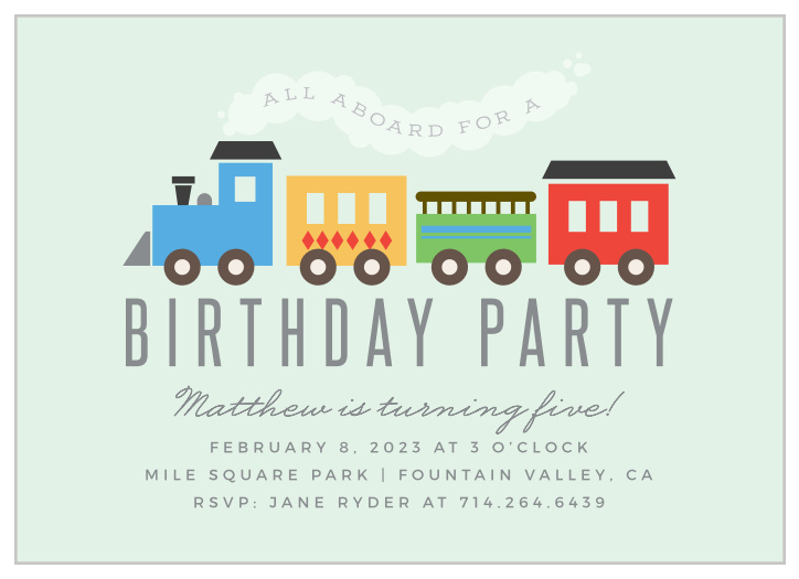 All aboard! Our Steam Train Children's Birthday Party Invitations are perfect for your child's big day! 