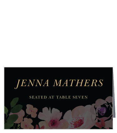 The soft pink watercolored flowers on the Gothic Flowers Place Cards continue the theme of this wedding suite for a cohesive look. 