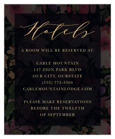 Our Gothic Flowers Accommodation Cards let your guests know where they should be staying when they arrive in town for your wedding!