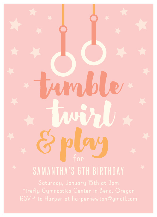 Our Tumble & Twirl Birthday Party Invitations form the perfect balance between having carefree fun and providing guests with the information they need!