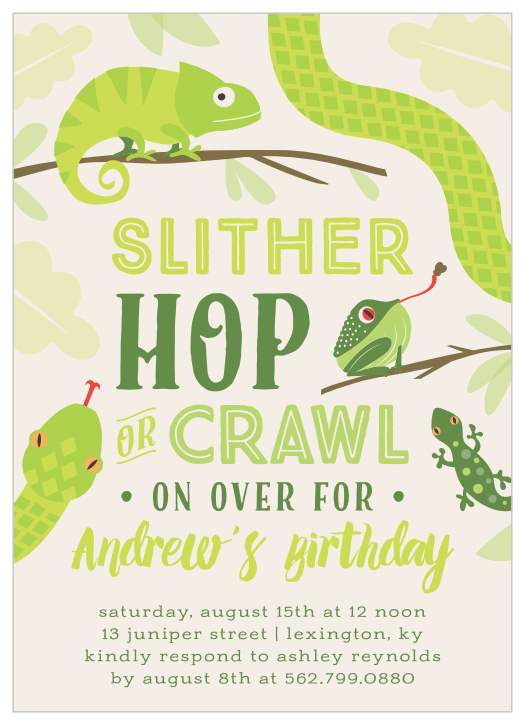 Have your guests slithering, hopping or crawling on over with our Snakes & Lizards Children's Birthday Party Invitations.