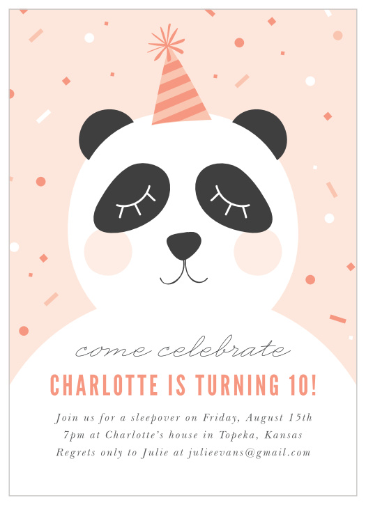 With a large, blushing panda adorning the card along with the party decorations and confetti that descend around it, our Party Panda Children's Birthday Party Invitations are a darling representative of your child's birthday party!
