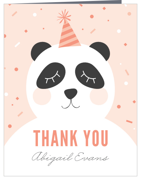 With a large, blushing panda adorning the card along with the party decorations and confetti that descend around it, our Party Panda Children's Birthday Party Thank You Cards are an adorable addition to your Party Panda Invitations!