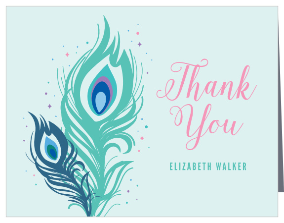 Utilizing a stunning combination of colors and typography, our Pretty Peacock Children's Birthday Party Thank You Cards are the perfect gratitude cards for after your child's party!
