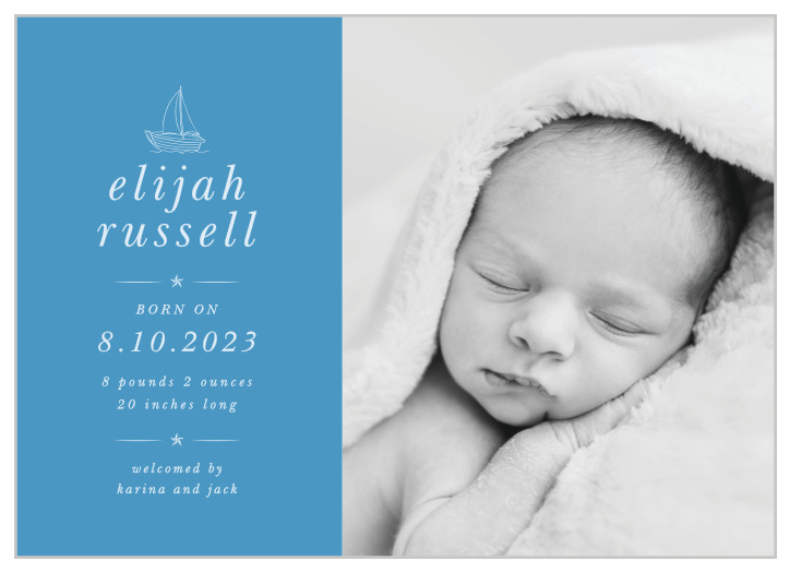 Show off your newest bundle of joy to family and friends with our Welcome Aboard Birth Announcements.