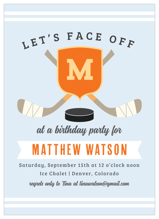 Keep things cool for your little one's biggest day yet with the ice-blue design of our Hockey Star Children's Birthday Party Invitations. Crossed hockey sticks adorn the background, connected by a shield bear your child's first initial. With a combination of sharply contrasting orange and elegant complements of black to match the puck above, these invitations guarantee that your child's friends are present for the big celebration.