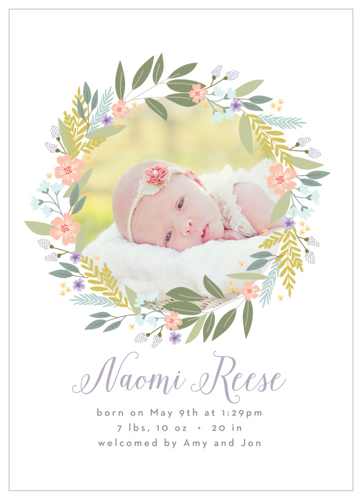 Frame your new baby in a wreath of florals on our Flowery Circle Birth Announcements!