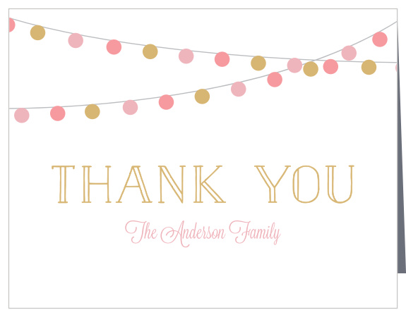 Offer a shining light in your guests' homes with the lovely styling of our Shimmer & Shine Children's Birthday Party Thank You Cards. Stringed lights hang above your text, a collection of vibrant baubles to complement the shining gold-foil of your carefully lettered "Thank You". After signing your name in a lovely pink calligraphy, personalize the inside of the card to each individual guest.