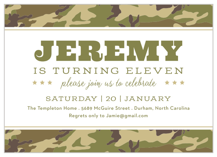 If your little soldier is getting ready for their next big birthday, our Camouflage Border Children's Birthday Party Invitations are the perfect way to get the party started!