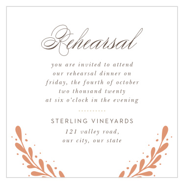 Our Rustic Laurels Rehearsal Cards have an elegant, illustrated charm that your guests will love.
