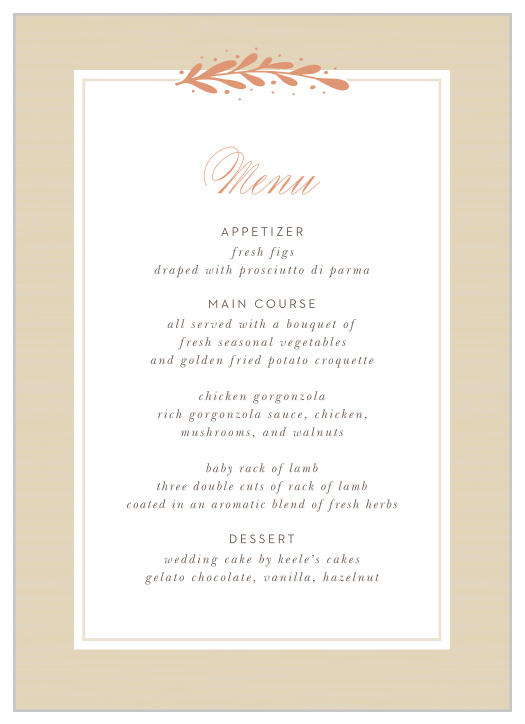 Our Rustic Laurels Wedding Menus have an elegant, illustrated charm that your guests will love.