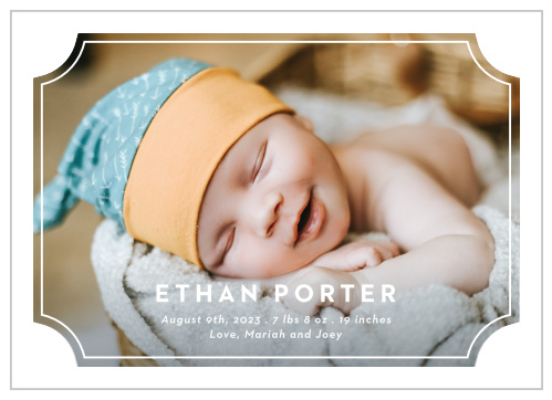 Our Tiny Ticket Birth Announcements broadcast the arrival of your bundle of joy to friends and family.