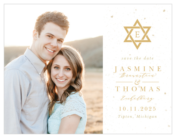Guarantee that your guests reserve the biggest day of your life with the stunning style of our Jewish Star Save-the-Date Magnets. Featuring a split design, the lefthand side showcases your favorite engagement photo while the right contains the information your guests need to mark their calendars. Spell out your wedding date and location in a delightful duo of typefaces- a clean, modern print and elegant calligraphy- that stands in sharp contrast to the white page beneath. With a Star of David shining brightly above in gold-foil to catch your guests' attention, these magnets are a gorgeous addition to your wedding preparations.