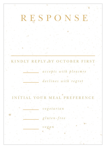 Prepare for every single guest and their individualized needs with the lovely styling of our Jewish Star Response Cards. The background of the page bears the appearance of well-weathered paper, offering a sharp contrast to the modern, gold-colored print that flows down the page. With a combination of bright pseudo-gold and brilliant gold-foil that shines as the lighting changes, these cards are a gorgeous addition to your wedding enclosure.