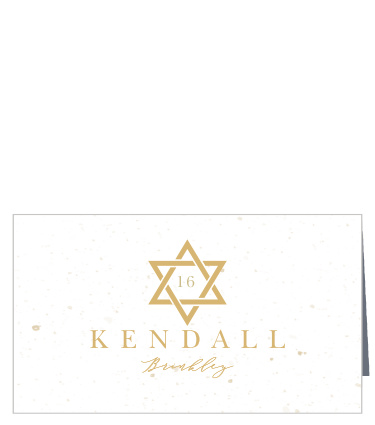 Help your guests to their seats with the beautiful and bright appearance of our Jewish Star Place Cards. A Star of David shines in brilliant gold-foil, the table number at its center, before your guests' names are spelled out in modern print against the white background. With your guests' last name written in an elegant calligraphy juts below, these stunning cards will draw them inexorably toward their own seats.