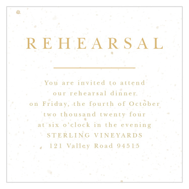 Gather together the people you adore most with the shining gold text of our Jewish Star Rehearsal Cards. The background, a well-weathered white page, offers an incredible contrast for the brilliant gold-foil atop the page and the soft pseudo-gold that spells out the rest of the dinner's details.