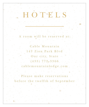 Guarantee that your guests are kept as comfortable as possible in the days surrounding your wedding day with our Jewish Star Accommodation Cards. A lovely, modernized print flows down the center of the weathered background, spelling out the details of your recommendation in a combination of shining gold-foil and brilliant pseudo-gold.