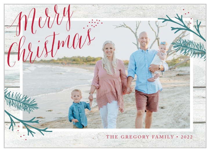 Our Wooden Holiday Christmas Cards feature a background stylized to look like distressed wood painted white.