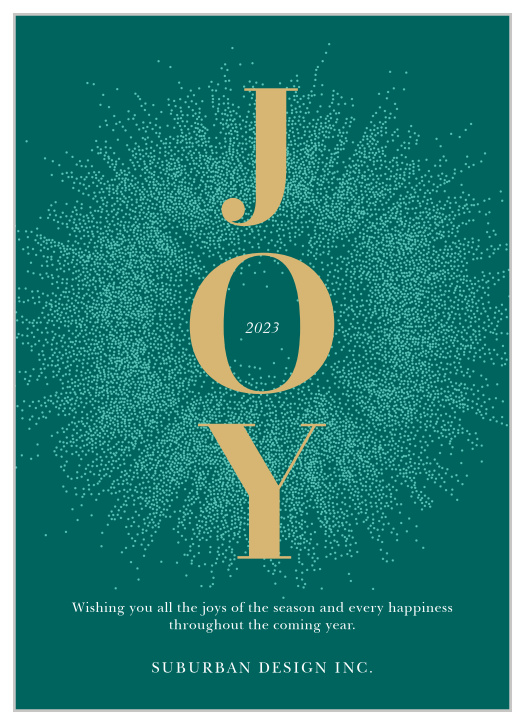 Send out our Joyful Year Corporate Holiday Cards to all of your valued employees as a celebration of your appreciation. A deep sea-green background adorns the background, forming a perfect contrast to the shining gold-foil that descends vertically down the center of each card. With a neat white print below to spell out your well-wishes and a veritable explosion of fireworks behind your gold-foil for a flash of excitement, these cards are a lovely gift to all of your team members.