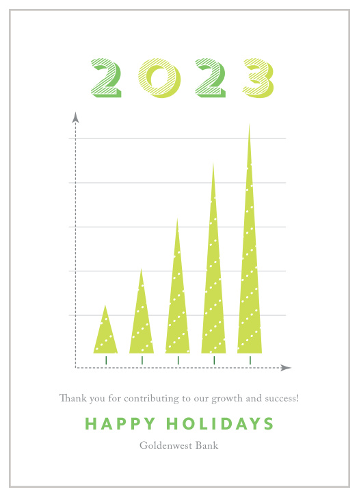 Evergreen Chart Corporate Holiday Cards showcase growth- not only of your company itself but of the team members within- with an array of swiftly sprouting pine trees. Every word of your heartfelt message is spelled out along the top and bottom in a neat typography, and with a collection of soft greens to augment the white background, these cards are a beautiful way to show your employees their true value.